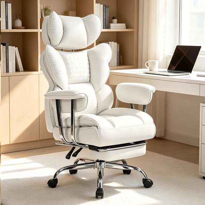 Big and Tall Office Chair 350 LBS, Scratch-Resistant PU Leather Executive Office Desk Chair with Footrest, Ergonomic Reclining Computer Chair with Pocket Spring Support for Home Office, Beige by SimpleDeluxe