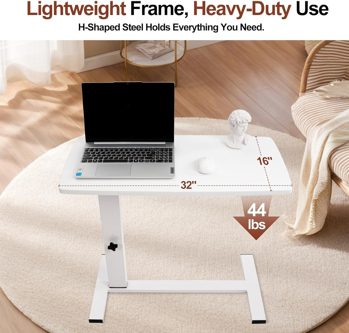 32" Foldable Pneumatic Adjustable Overbed Table with Wheels - Image 5