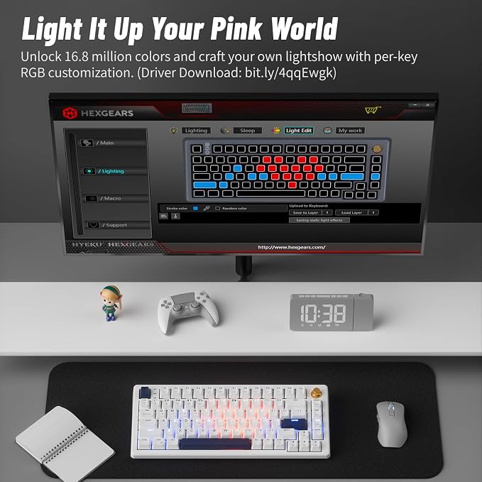 Wireless Mechanical Keyboard with Wrist Rest, Hot Swappable Custom Keyboard with Knob, RGB Backlit, Pre-lubed Clicky Switches, 2.4GHz/USB-C/BT5.0 Mechanical Gaming Keyboards for Win/Mac (White) - Image 6