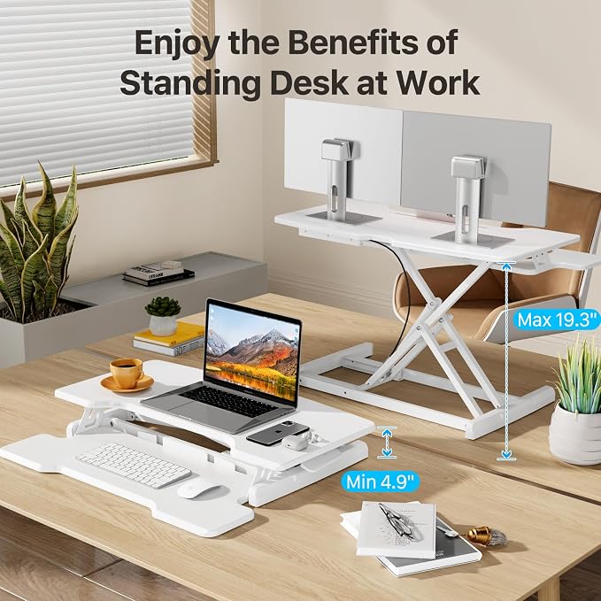 32" Standing Desk Converter, Quick Sit to Stand Desk Riser | Height Adjustable Stand up Desk with Keyboard Tray for Dual Monitor, Copmputer Workstation for Home Office, White - Image 3