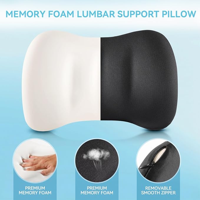 Lumbar Support Pillow for Car Seat and Office Chair, Memory Foam Back Cushion with Breathable Cover and Adjustable Straps for Driving, Ergonomic Orthopedic Back Rest Lower Back Support, Black - Image 2