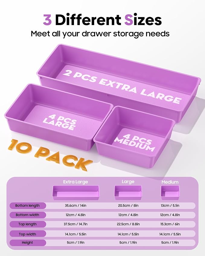 10 Pack Large Size Plastic Drawer Organizers Set, 3 Sizes Desk Drawer Organizer Trays, Storage Bins for Vanity, Makeup, Bathroom, Kitchen Utensils and Office (Purple) - Image 2