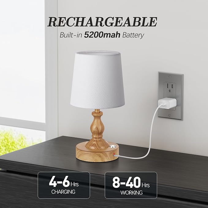 Mini Cordless LED Table Lamp, 5200mAh Rechargeable Battery Operated Lamp, 3-Level Brightness, Touch Dimmable Desk Lamp, Bedside Night Light for Patio Camping Restaurant Home, Wood Grain - Image 3