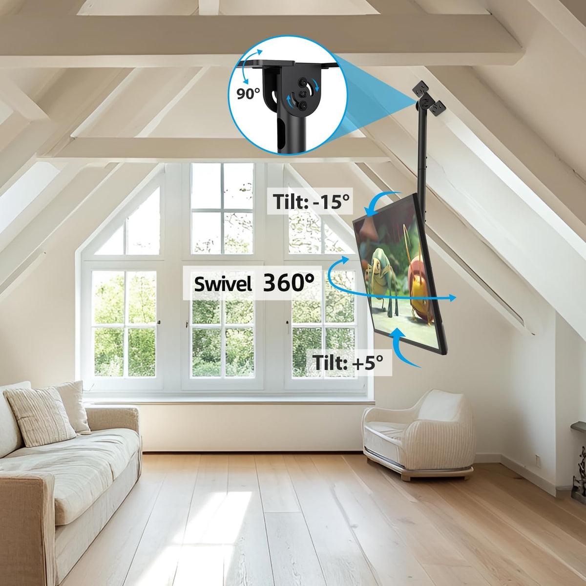 Ceiling TV Mount for 26-65 inch Flat Screen Displays, Adjustable Ceiling TV Bracket Fits Most LCD LED OLED TVs, 14.96Inch Single Extended Mounting Pole, Holds up to 110lbs, Max VESA 400x400mm - Image 2