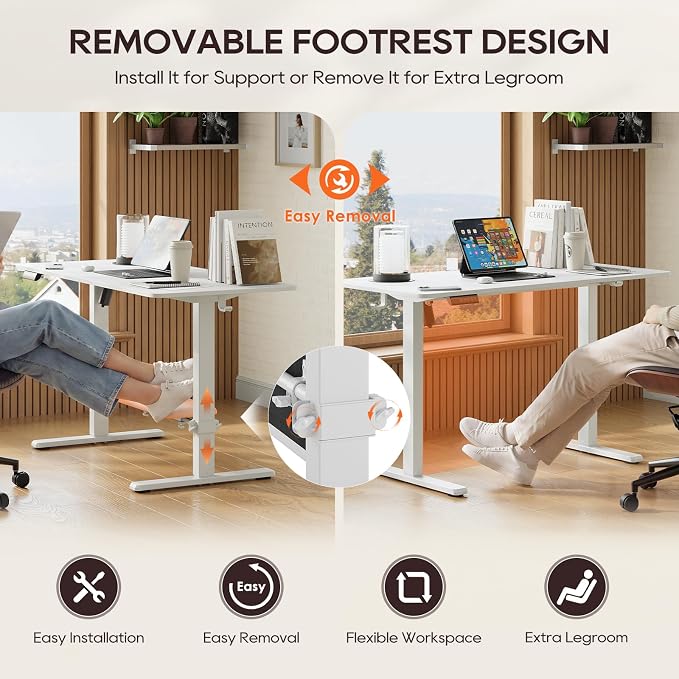 MALOL 47" x 24" Electric Standing Desk with Adjustable Footrest, White | Height Adjustable Computer Home Office Gaming Desk with 3 Memory Presets & Child Lock, Adjustable Feet, Cable Management - Image 4
