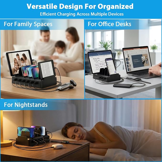 Charging Station for Multiple Devices, 6 Port USB Desktop Charger Dock Compatible with iPad, Samsung, Android, Tablet, Family Multi Phone Charging Organizer with Divider Holders, Fireproof ABS (White) - Image 3