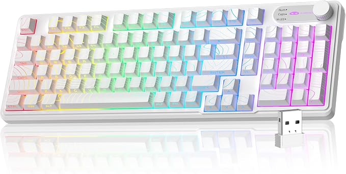 MageGee GK960 Wireless Keyboard, 98 Keys Tri-Mode BT/2.4G/Wired Membrane Gaming Keyboard, RGB Creamy Keyboard with Number Pad, Knob Control, Side Printed Keycaps, 4000mAh Battery - White Topographic by MageGee