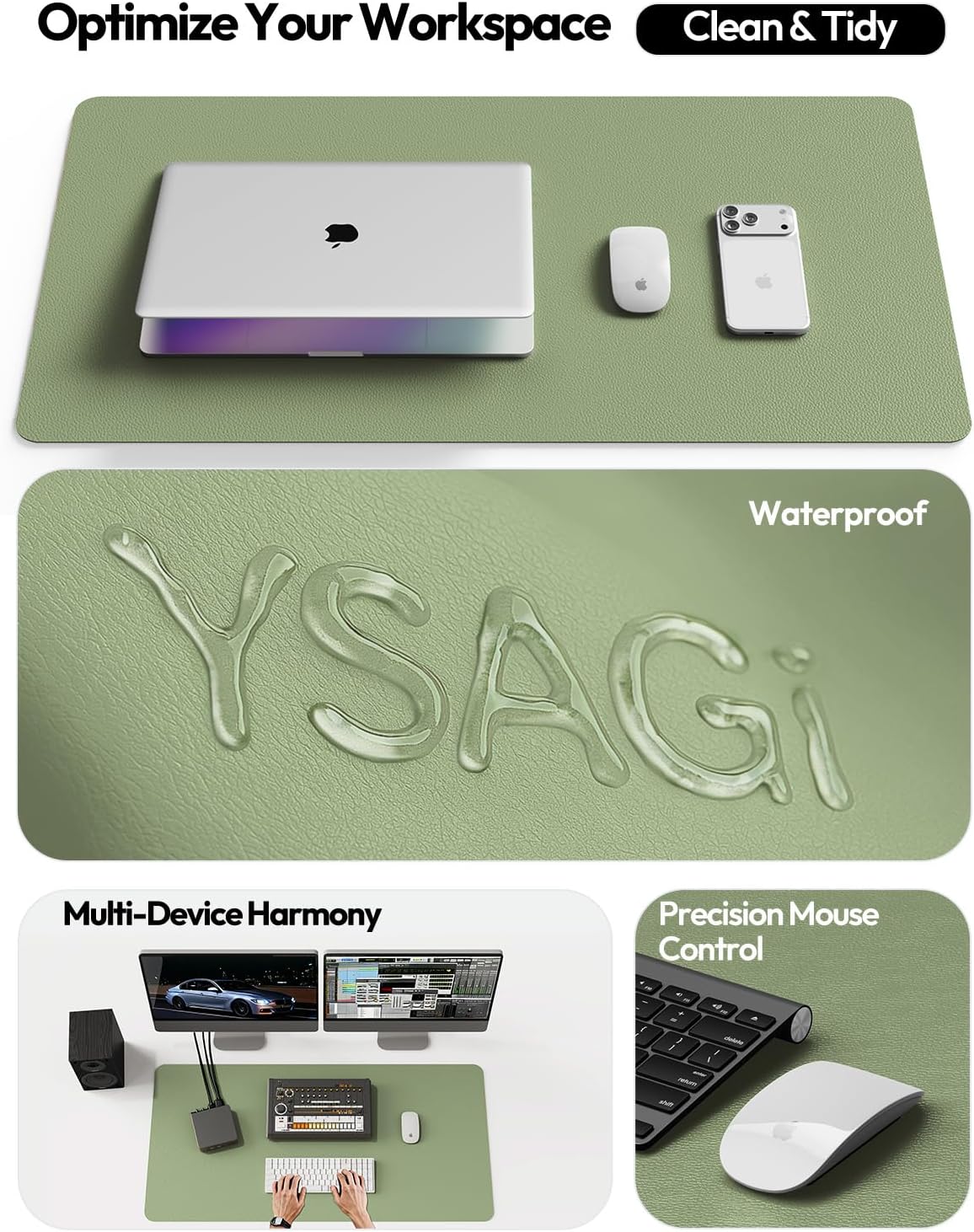 YSAGi Leather Desk Protector, Office Mat, Large Mouse Mat, Non-Slip PU Leather Blotter, Laptop Desk, Waterproof Writing Pad for Office and Home (Bamboo Green, 35.4" x 17") - Image 8