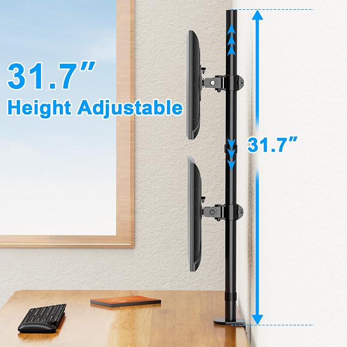 Vertical Dual Monitor Stand for Max 32 "Computer Screen | Holds up to 17.6 lbs Each Stacked Monitor Mount Height Adjustable, Swivel, Tilt Monitor Desk Mount, VESA 75/100 - Image 4