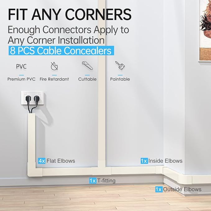 Yecaye Cord Covers for Wires on Wall, 113in, W1.18in H0.67in, Beige | TV Cord Hider, Large Cord Organizer for 3-4 Wires, Cable Management Kit, Easy Install - Image 5