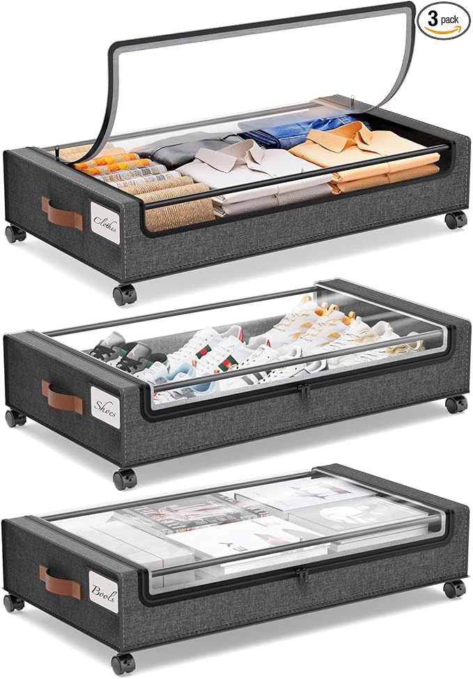 Yecaye 3 Pack Under Bed Storage with Wheels, Under Bed Storage Containers, Underbed Shoe Storage Organizer, Rolling Under Bed Metal Drawers for Clothes, Blankets(30.7 x 16.9 x 6.7 in) by Yecaye