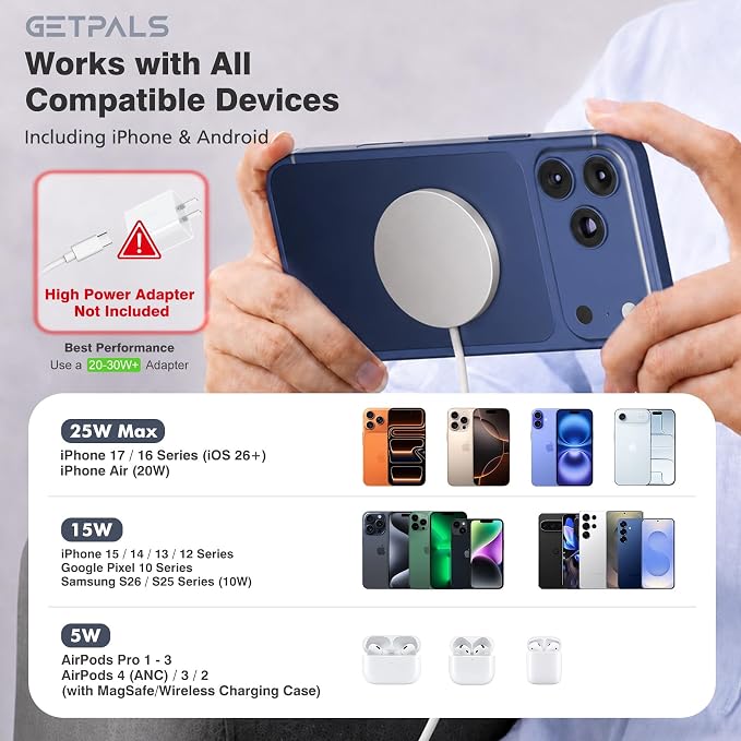 25W Magnetic Portable Fast Wireless Charging Pad for Apple iPhone Series | Compatible with iPhone 17 16 15 14 13 12 Pro Max, Google Pixel, Flat Slim for Travel Office Bedside, White - 2Pack - Image 3