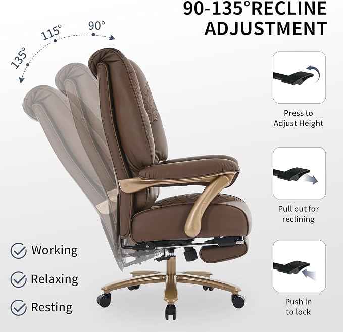 EXCEBET Big and Tall Executive Office Chair with Footrest, 400LBS Capacity Ergonomic High-Back Desk Office Chair with Lumbar Support, Padded Armrests & Thick Cushion, Brown PU Leather Chairs - Image 5