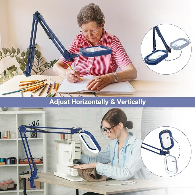 14.35" Large Magnifying Glass with Light and Clamp, Real Glass, 5 Color Modes, Stepless Dimmable, Lighted Magnifier with Stand Hands Free, LED Swing Arm Desk Lamp for Close Work, Craft, Blue - Image 2