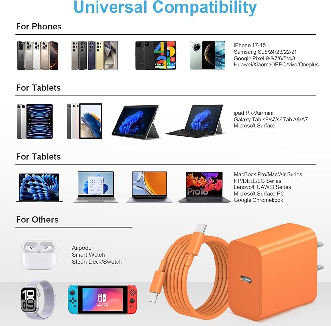 for iPhone 17 16 15 Charger Fast Charging 6FT Cable 20W USB C Block Orange | 2Pack [ETL Safety Certified] Charging Cord with Type C Cube for iPhone 17/17 Pro/17 Pro Max/16/16 Pro/16 Pro max/15 - Image 3