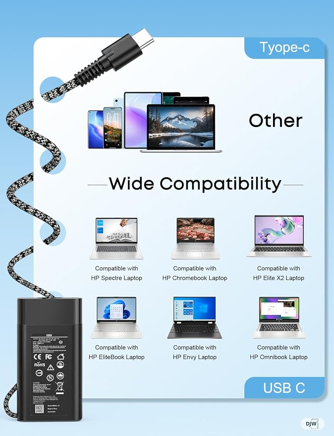 DJW 65W USB C Laptop Charger Compatible with HP Spectre x360,Envy,Elitebook x360,Pavilion, Elite x2,Chromebook,Omnibook,Dragonfly,Zbook,ProBook Travel Computer Charger USB Type C AC Power Adapter - Image 6