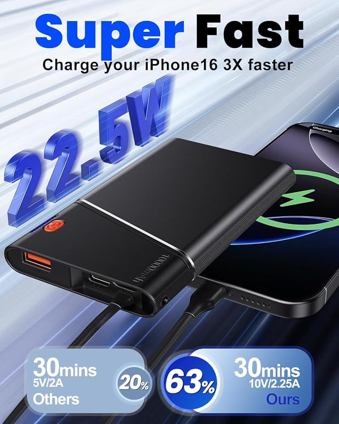 Aaoyun 10000mAh Portable Power Bank, 22.5W PD Fast Charging Battery Pack with Built-in USB-C Cable, Ultra-Slim External Phone Charger for iPhone 17/16/15, Samsung Galaxy S24, Android (Grey) - Image 2