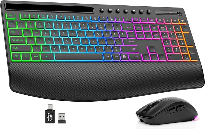 Trueque Wireless Keyboard and Mouse Combo, 4000mAh Battery, Wrist Rest | Rechargeable, 15 Backlit Effects, Full Size, Phone Holder, Quiet Typing, 2.4GHz Wireless, USB-A & C Connectivity for Windows by Trueque