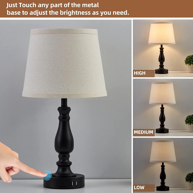 EJIAXIN Lamps for Bedroom Set of 2,Touch Bedside Table Lamp with USB C+A Ports,Dimmable Nightstand Lamps with Round Fabric Linen Lampshade for Living Room Reading Bed Side End Table,Bulbs Included - Image 3