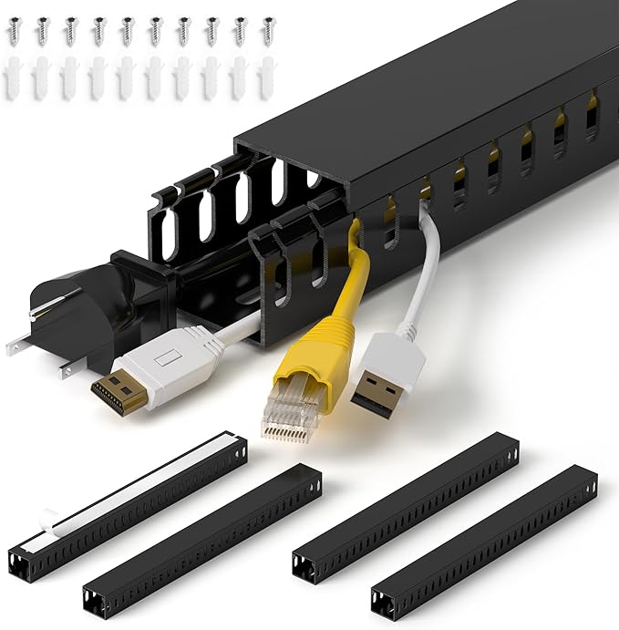 1.4"H x 1.6"W Cable Raceway, 66in Under Desk Wire Management Channel, Black | Slotted Wire Duct, 4Pack, 16.5in Each, Heavy-Duty PVC Cable Management for Server Racks, Network Cables & Electrical Cabinets by ZhiYo