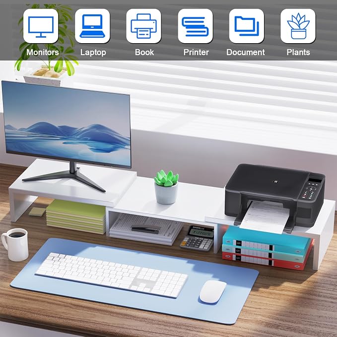 Dual Monitor Stand Riser | Monitor Stand for Desk, Metal Computer Stand, Desk Shelf Riser,Desktop Organizer for Home and Office Use (White) - Image 3