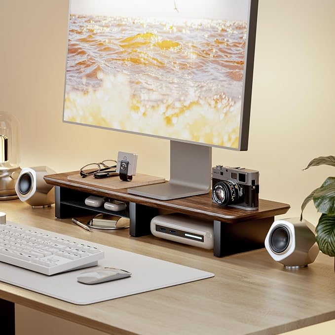 31.5" Dual Monitor Riser, Metal Shelf Wooden Desk Organizer | Walnut Wooden Desk Shelf for 2 Monitors/TV,Monitor Stand Riser for Desk, Wood Monitor Stand Organizer for Home Office - Image 2