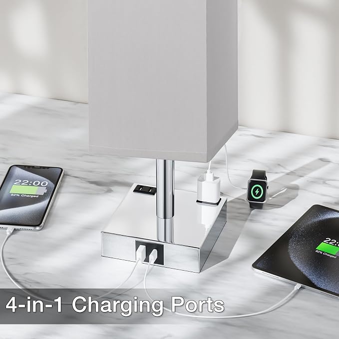 Set of 2 Grey Touch Table Lamp for Bedroom, Dimmable, USB C+A, 2 AC Outlets | 3-Way Dimming, 3000K Bulb Included, Square Grey Lampshade and Silver Base, Desk Lamp for Nightstand, Living Room, Dorm - Image 4