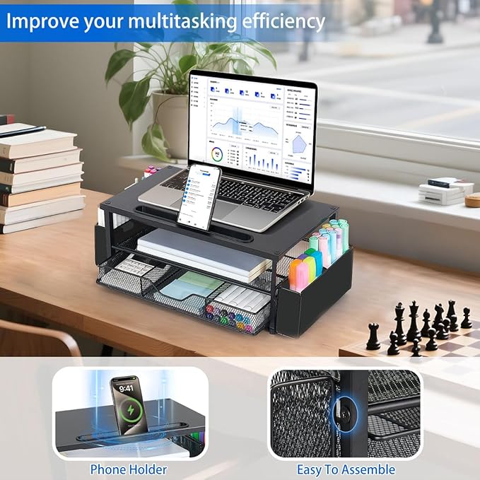 AUPSEN Wood Computer Monitor Stand Riser, 2-Tier Black Desk Organizer with Drawer, Pen Storage & Phone Holder ，Office Desk Accessories Desktop Organizer for Office Supplies (Black) - Image 3