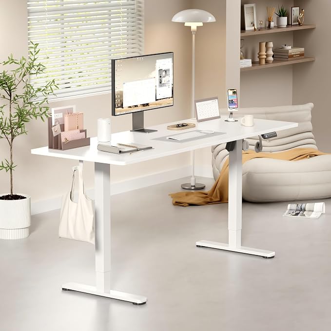 YESHOMY Height Adjustable Electric Standing Desk, 63 x 24 Inches Memory Home Office Sit Stand up Desk with Phone Holder and USB Charging Port, White - Image 2