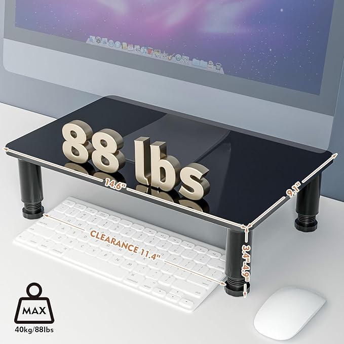 Glass Computer Monitor Stand Riser with Height Adjustable Multi Media Desktop Stand for Flat Screen LCD LED TV, Laptop/Notebook/Xbox One, Black HD01B-002 - Image 3