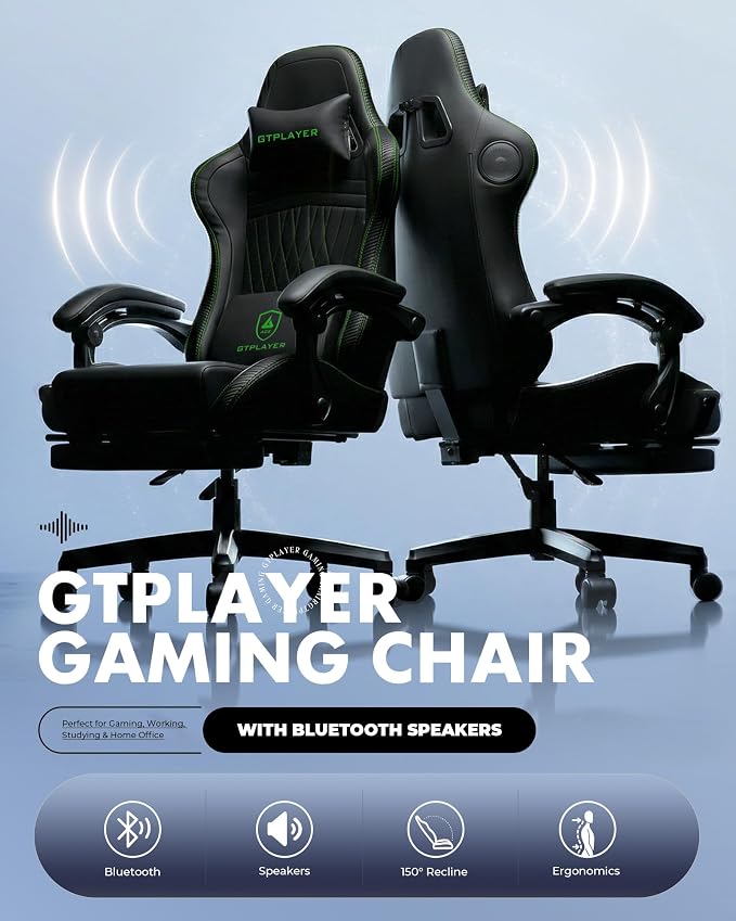 GTPLAYER Gaming Chair with Speakers, Video Game Chairs with Footrest, PC Gamer Chairs for Adults - Padded High Back Ergonomic Reclining Silla Gamer, Linkage Armrest, Ace Pro, Green - Image 4
