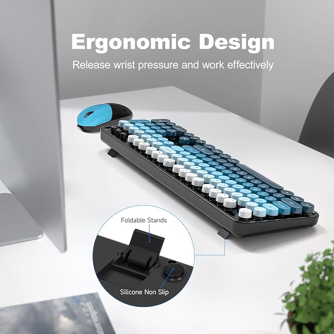 Wireless Keyboard and Mouse Combo, 2.4GHz Retro Full-Size Typewriter Keyboard with Number Pad and Wireless Mouse for PC/Laptop/Desktop/Windows (Black Blue) - Image 3