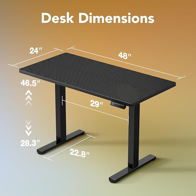 HUANUO 48x24 Inch Electric Standing Desk, Adjustable, Carbon Fiber Black | 176 Lbs Capacity, Smooth Home Office Desk, 4 Memory Presets & Headphone Hooks, 28.3–46.5 Inch Height Range, Easy to assemble - Image 3