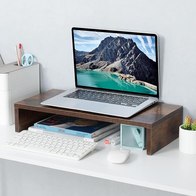 TEAMIX 20 inch Wood Monitor Stand Riser, Desktop Riser Shelf, Rustic Brown | Fits Laptop, Printer, TV, PC Tower, Full Keyboard Storage Underneath, Ergonomic, Desk Organizer for Home Office, Gaming Setup - Image 2