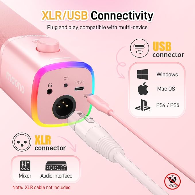 MAONO PD100X USB/XLR Podcast Microphone for PC,Gaming Streaming Dynamic Mic | Noise Reduction,Tap to Mute,Custom RGB, Maono Link Support,Volume & Gain Control,Desktop Stand,for Computer Recording, Pink - Image 7