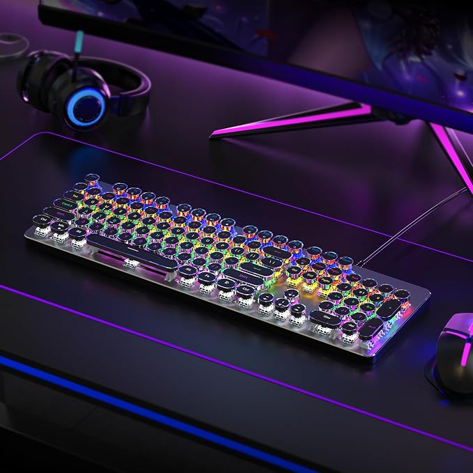 Typewriter Wired Mechanical Gaming Keyboard, Blue Switch LED Backlit | Metal Panel, Retro Punk Round Keycaps, 104 Keys Wired Keyboard for PC Laptop Mac Gamer, LED Rainbow Backlit,RisoPhy - Image 7