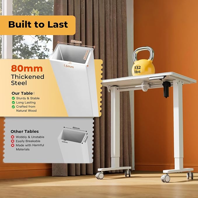 32" Glass Standing Desk,90°Tilt Whiteboard Electric Drafting Table | White Foldable One-piece Electric Height Adjustable Drawing Table with 4 Lockable Wheels, Small Portable Rising Workstation - Image 8