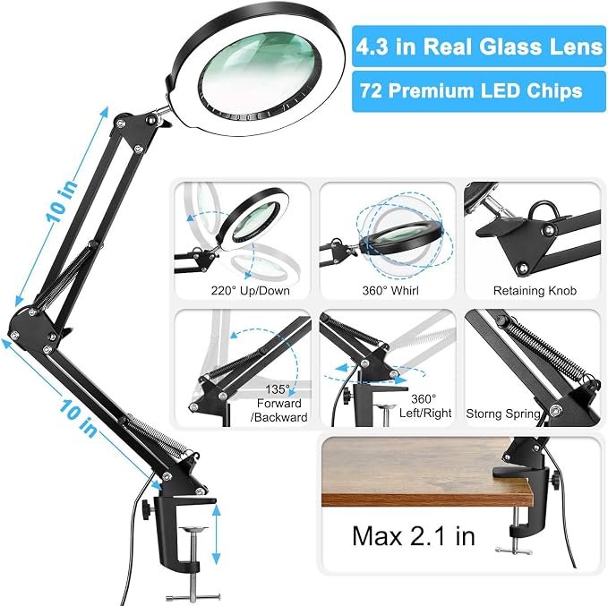Coyeth 10X Magnifying Glass with Light and Clamp, Real Glass Stand Lighted Magnifier, 5 Color Modes Stepless Dimmable LED Desk Lamp Hands Free for Crafts Hobby Reading Painting Sewing Close Work - Image 5