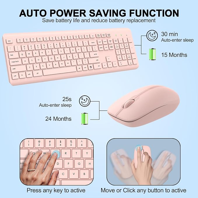 Wireless Keyboard and Mouse Combo, Full-Size Silent Ergonomic Keyboard and Optical Mouse, Long Battery Life, 2.4G Lag-Free Mice Keyboard for Computer, Mac, Laptop, PC, Windows(Pink) - Image 3