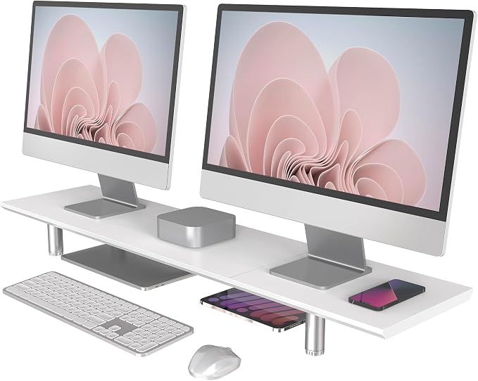 Fenge 39.4” Dual Monitor Stand with Height Adjustable Legs, White | Wooden & Steel, Ergonomic Height 3.6" to 4.4", Underneath Storage, Holds up to 99lbs, Laptop Monitor Stand for Home Office by Fenge