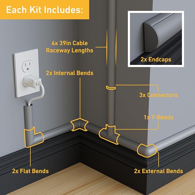 D-Line 13.12ft Cord Hider Kit, Patented Cable Cover, Hide Wires on Wall, Channel for TV Mount Cords, Raceway Wire Hiders, Paintable, Adhesive, Half Round, 4X 1.18in W x 0.59in H x 39in Lengths, Gray - Image 2