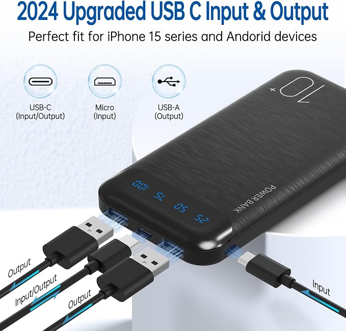 Power Bank 10000mAh Portable Charger Slim Battery Pack with 2 USB 2.4A Outputs and USB C In/Out Compatible with Huawei iPhone 16 15 14 13 12 iPad Samsung Galaxy S20 Android Tablet (Black + White) - Image 5