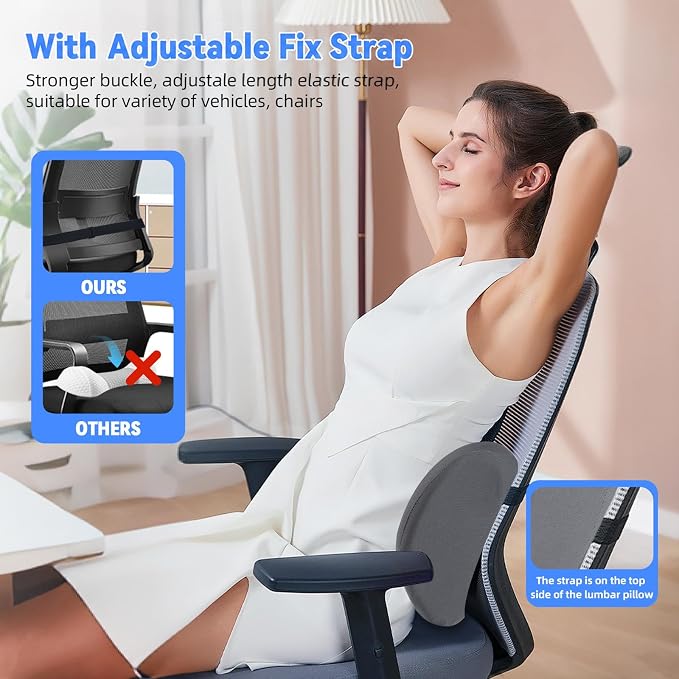 Lumbar Support Pillow for Office Chair and Car Seat, Lumbar Pillow with Adjustable Strap, Memory Foam Back Pillow for Lower Back Pain Relief, Back Support Pillow for Sitting, Driving, Traveling - Image 5