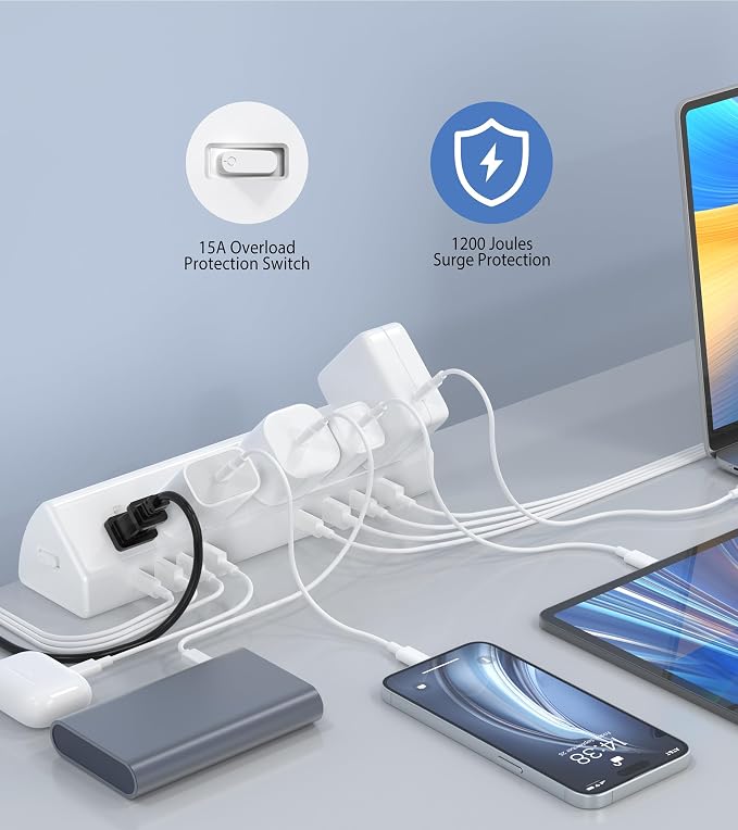 Jgstkcity Desk Clamp Power Strip USB C 45W,8 USB,10FT Cable,White | 4 USB-C,Edge Mount,1875W Extension Cord,15A Switch,ETL Listed,Office,Gaming,Dorm - Image 5