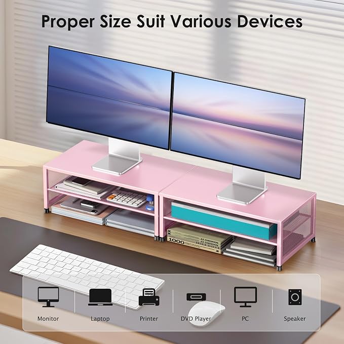 ECOLOVI 2-Tier Computer Monitor Stand Riser, Printer & Laptop Stand, Office Desk Accessories, Workspace Desk Organizer for Home Office Supplies, Pink - Image 4
