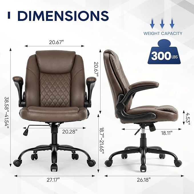 MALOL Leather Office Chair with Adjustable Lumbar Support Set of 2, Brown | Computer Desk Chair with Thick Cushion, Flip-Up Arms and Ergonomic Back, Comfy Executive Office Chair for Home Office Gaming - Image 2