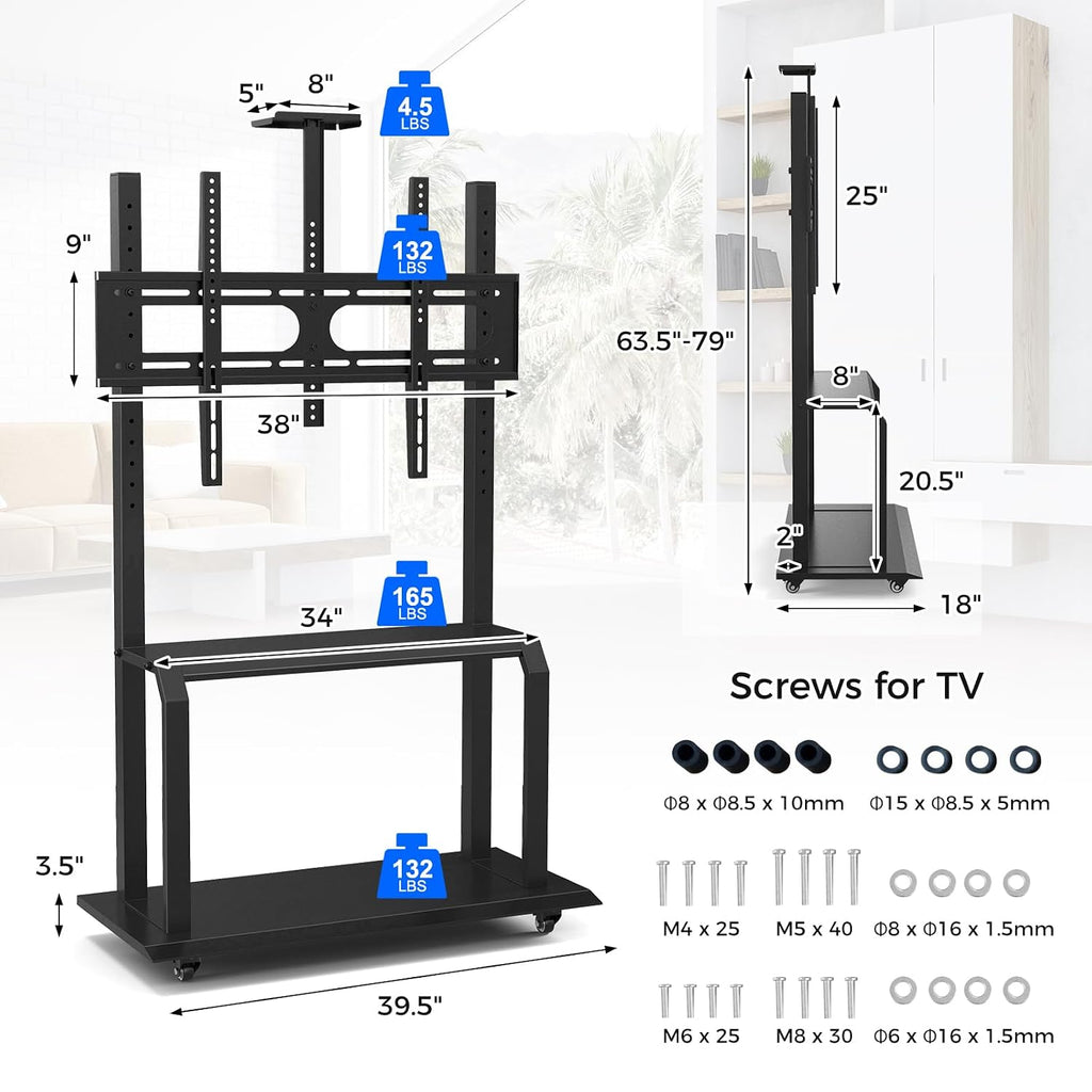 Goplus Mobile TV Stand, Rolling TV Cart with Camera Shelf & AV Shelves, Adjustable Media Console Cart for 32”-80” Flat/Curved TVs up to 132 lbs, Max VESA 900 X 600 mm, TV Mounting Screws Included - Image 7