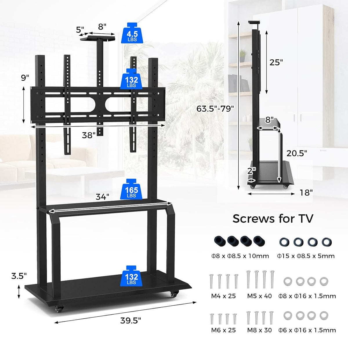 Goplus Mobile TV Stand, Rolling TV Cart with Camera Shelf & AV Shelves, Adjustable Media Console Cart for 32”-80” Flat/Curved TVs up to 132 lbs, Max VESA 900 X 600 mm, TV Mounting Screws Included - Image 7