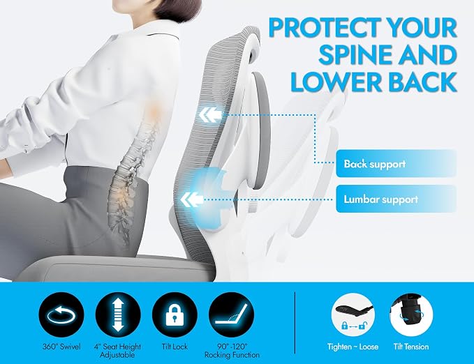 Office Chair: 330LBS Mesh Ergonomic Desk Chair Comfy with 3D Lumbar& Swivel | Ergalithic Computer Chair-Executive Task Work Chairs with Flip-up Arm Home Office Desk Chairs Gaming Chair for Adults(White) - Image 4