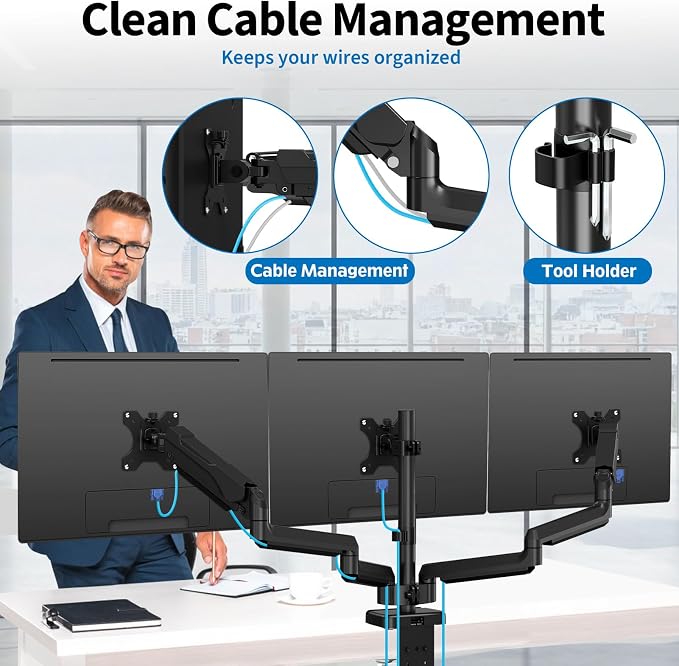 Triple Monitor Desk Mount for Computer Screens up to 32" | Holds up to 19.8 lbs Each, 3 Monitor Arm, Heavy Duty Stand Vesa Mount 75x75, 100x100 - Image 7
